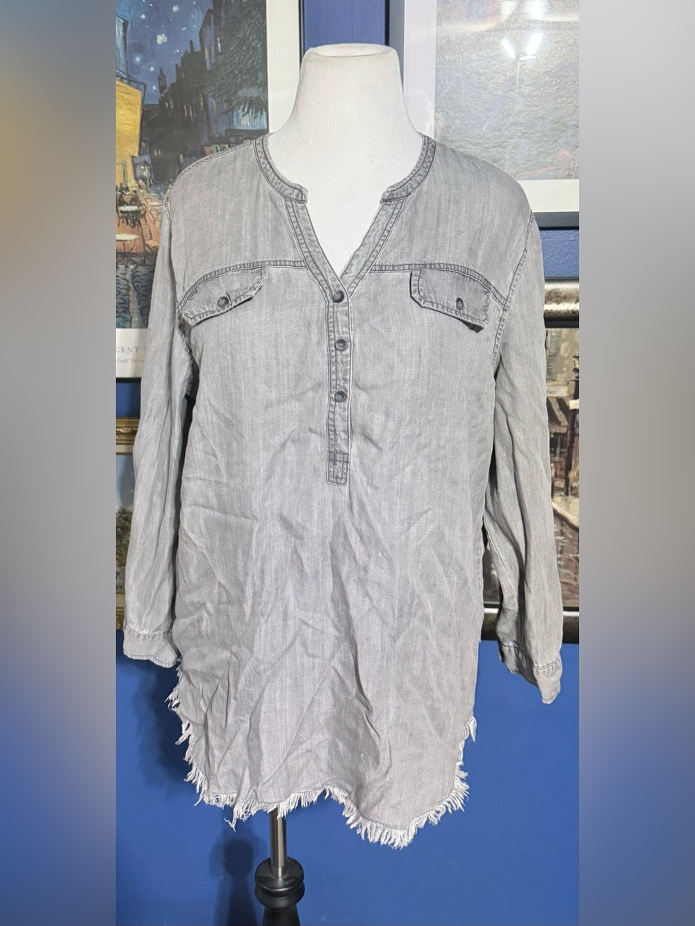 Light Gray Frayed-Hem Long-Sleeve Tunic Blouse